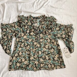 Zara Sheer Blouse Women size Medium Floral Ruffle Chiffon Bell Sleeves Flowy Top